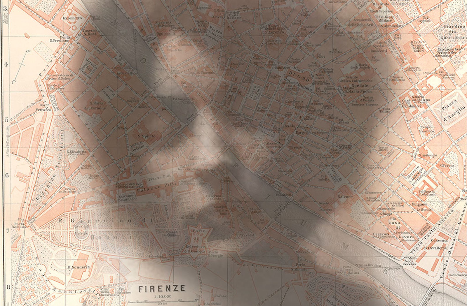 Head shot of Loy superimposed on Florence Baedeker Map