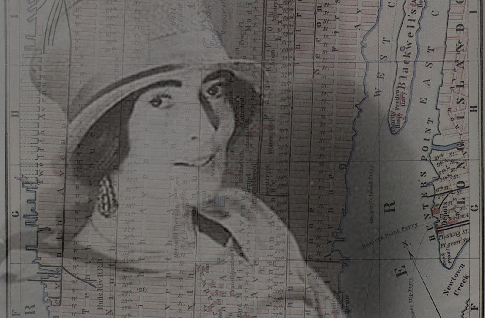 Mina Loy with overlaid parallax map of New York City
