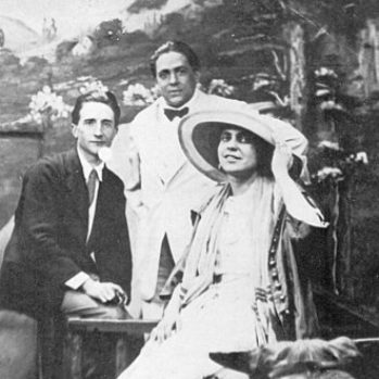 black and white photograph of Marcel Duchamp, Francis Picabia, and Beatrice Wood taken at the Broadway Photo Shop in New York City c.1917