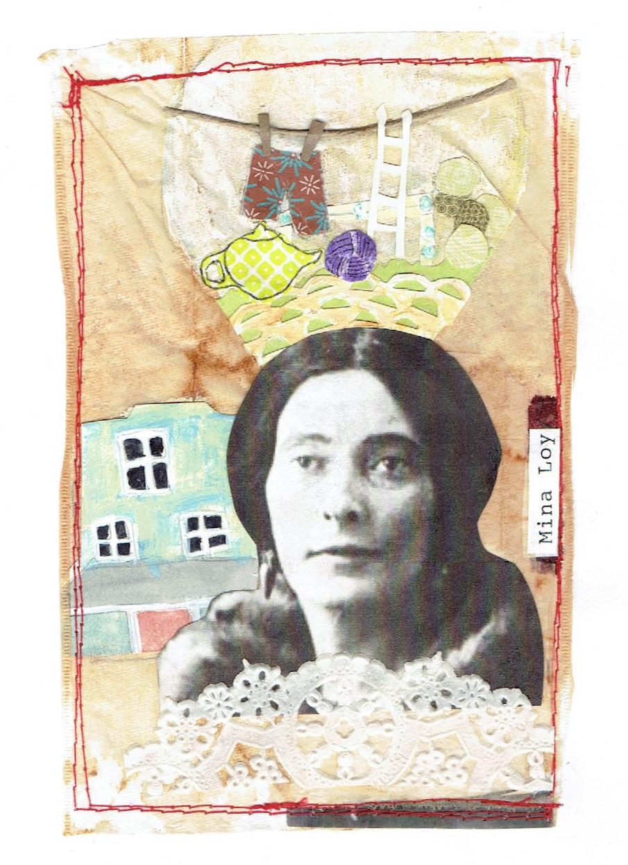 collage with Mina Loy's face superimposed on quilted background of house, laundry line, and domestic objects