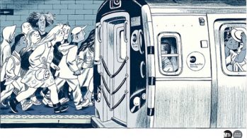 drawing of people crowding onto subway train