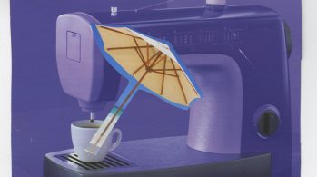 collage of sewing machine, umbrella, and coffee