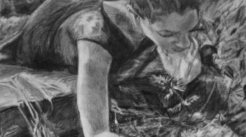 charcoal drawing of woman bending over plant
