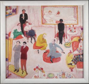 detail of painting of figures in interior space