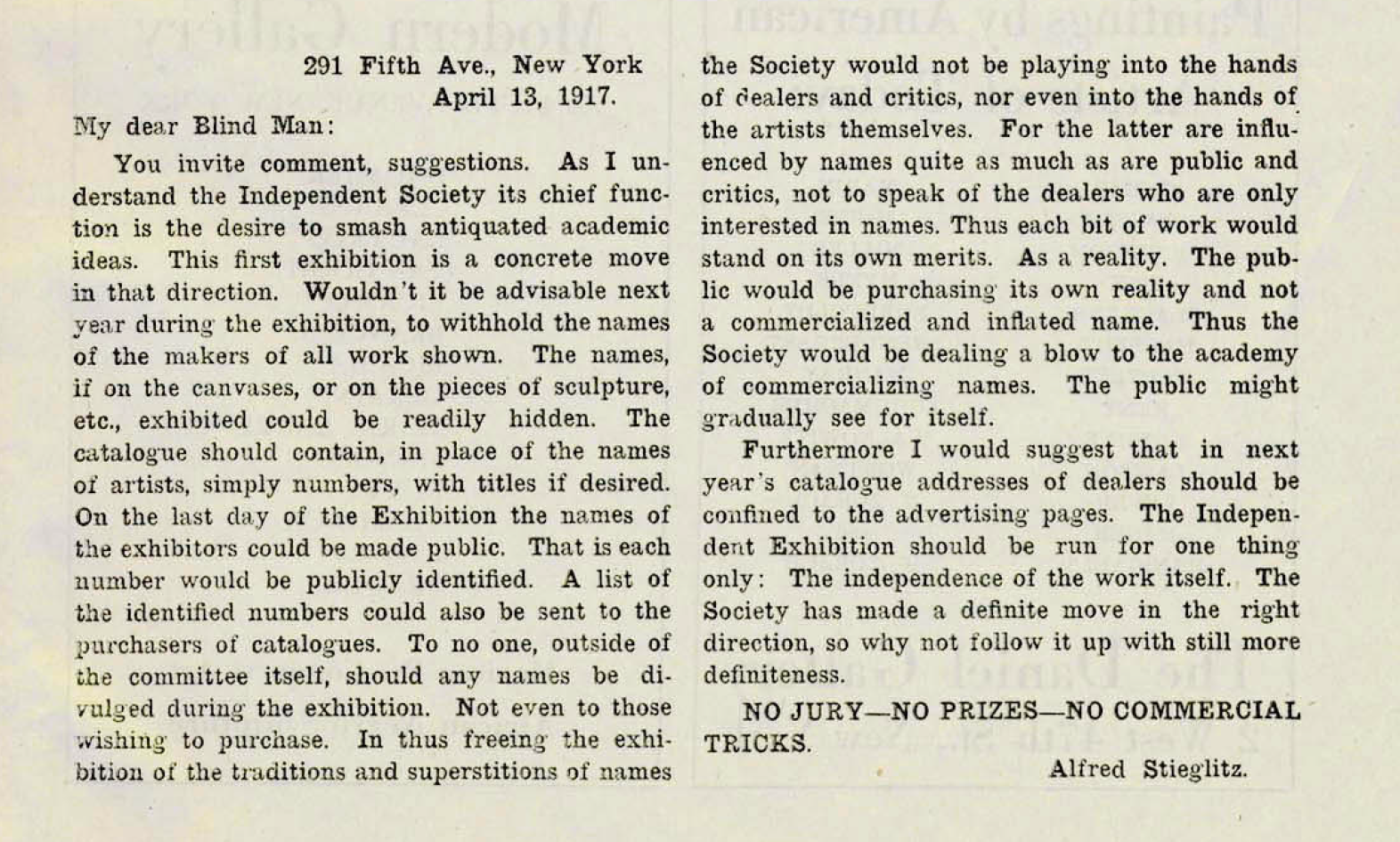 Stiegltiz's letter to "My dear Blind Man" arguing for anonymous submissions and "No Jury—No Prizes—No Commercial Tricks."