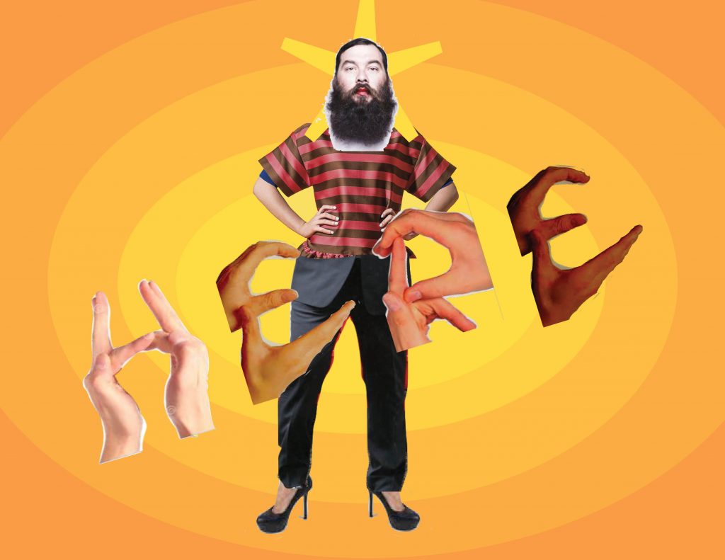 collage of figure with male and female features and the word "here" spelled with hands