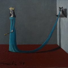 painting of slim female figure dressed in blue standing in empty room, her train attached to shelf on wall on which stands an owl