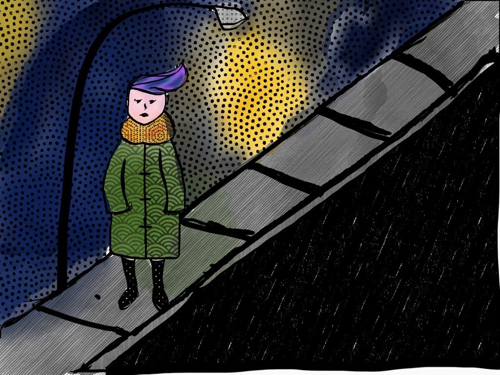 woman in green coat on sidewalk at night