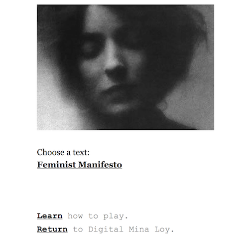 Landing page of game featuring photo of Mina Loy