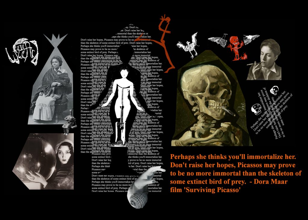collage including quotation Perhaps she thinks you'll immortalize her. Don't raise her hopes..." Dora Maar, Surviving Picasso