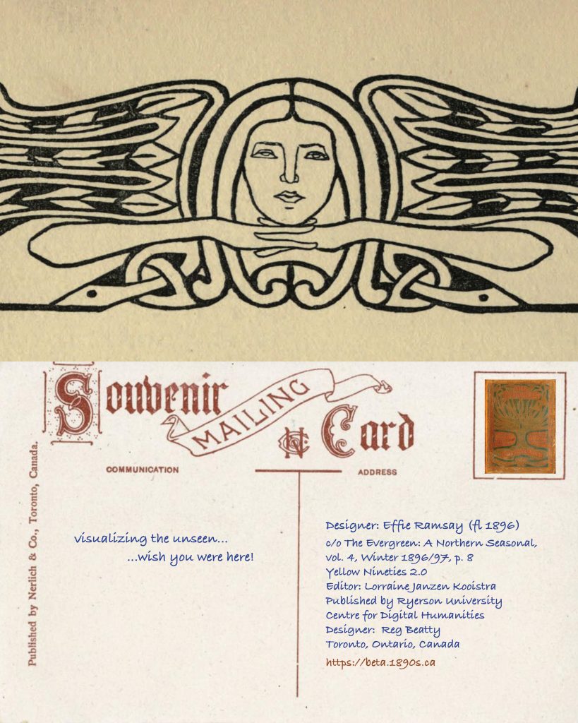 postcard with stylized ink drawing of woman with wings