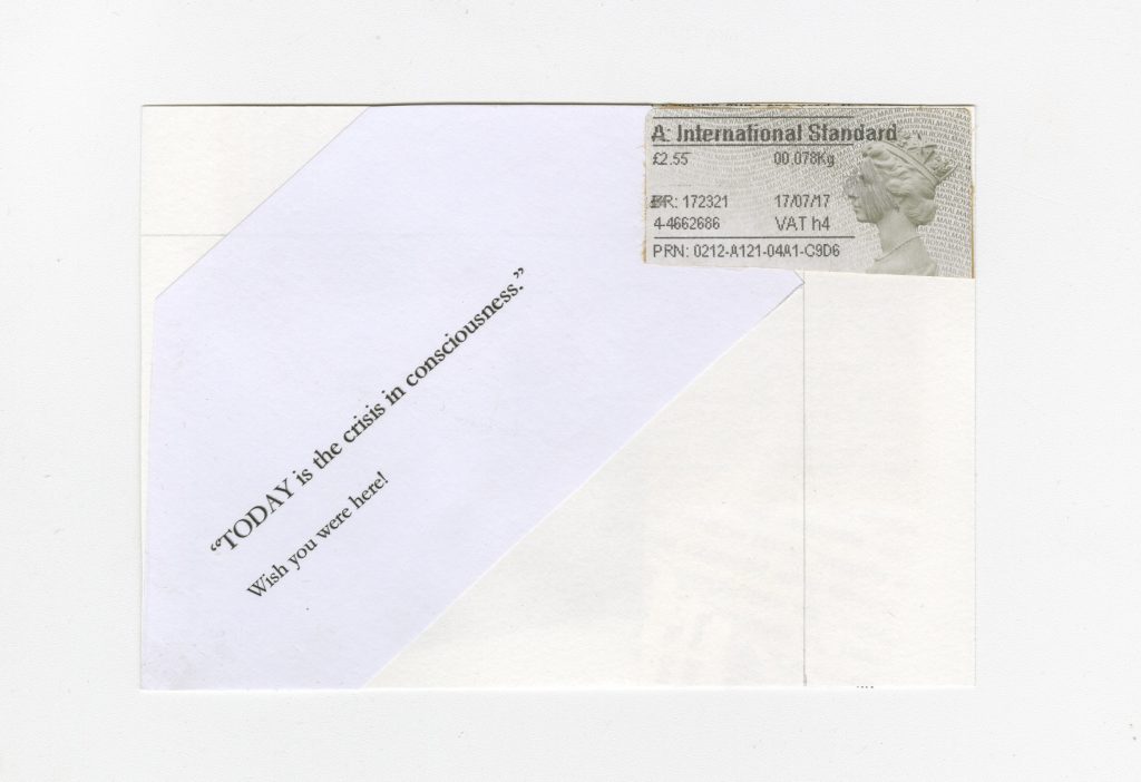 back of postcard: "today is crisis in consciousness"