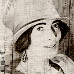 Loy portrait overlaid on parallax grid