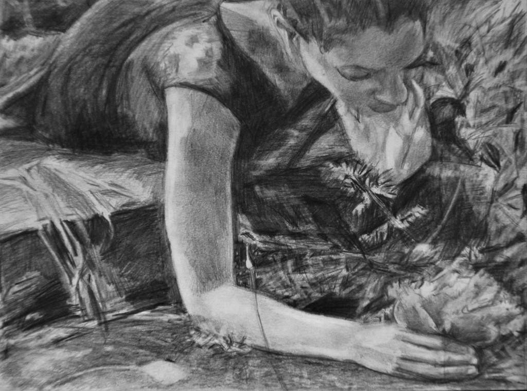 charcoal drawing of woman bending over plant